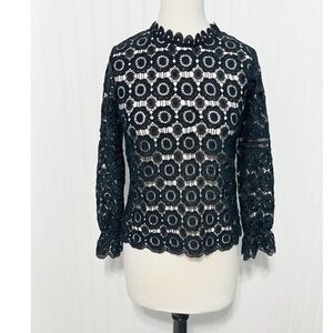 Women's Black Crochet Lace Long-Sleeve Blouse